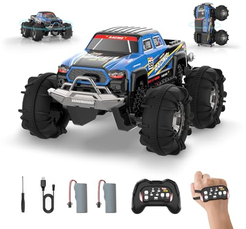 Amphibienfahrzeug Ferngesteuertes Auto, 2,4 GHZ 4WD Ferngesteuerter Monstertruck 360° Drift, 1:18 RC Auto Wasserdicht mit Gestensensor & LED Licht & 2 Akkus, Spielzeug Geschenk für Kinder 6-12 Jahre
