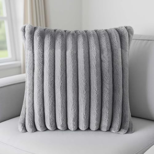 Marjoramy Kissenbezug, 45x45 cm Weich Kunstpelz Kissenbezüge, Soft Kissenhülle Einfarbig Streifen Kissenbezug, Sofakissen Dekokissen Boho Deko Für Sofa Schlafzimmer Wohnzimmer (Grau)
