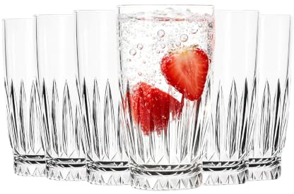 binsakao Highball Glasses Set of 6 - Drinking Glasses 355 ML - Elegant Diamond Cut Tall Glass Cups for Water, Cocktails, Beer, Juice