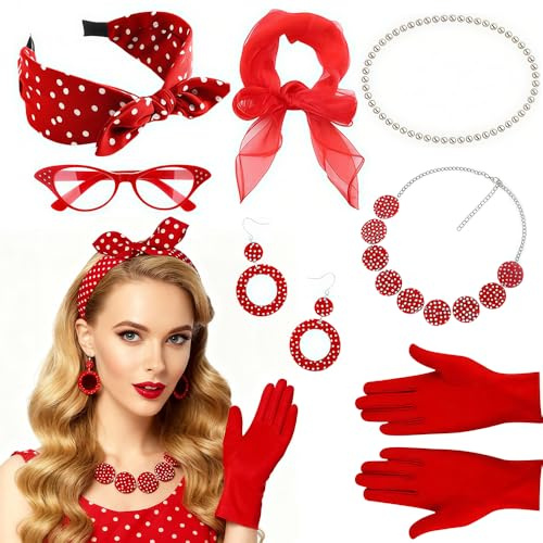 Set Accessori Anni 50, 7 Pcs Accessori Per Costume Anni '50, Set di Accessori per Costume da Donna, Accessori da donna anni '50, Sciarpe, Orecchini, Occhiali, per Carnevale Festa di Travestimento