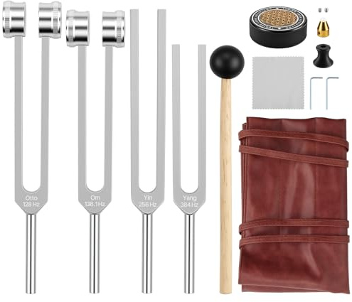HOMGEN Diapasons de Méditation Ensemble 128 Hz, 136.1 Hz, 256 Hz, 384 Hz Diapason en Aluminium pour Accessoires de Yoga et de Méditation Équipé d'un Activateur, d'un Marteau et d'un Sac de Rangement