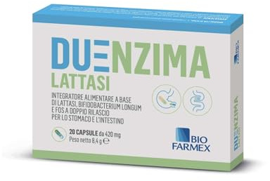 Duenzima Lattasi 20 Capsule – Integratore alimentare di Lattasi con Bifidobacterium longum e FOS per la digestione del Lattosio. Tecnologia a doppio rilascio capsula nella capsula