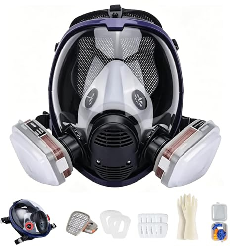 CERKAKITCH Cubierta de cara completa de seguridad para polvo y gas con 10 filtros de algodón reemplazables y 1 par de guantes para pintura en aerosol, productos químicos, lijado, trabajos de