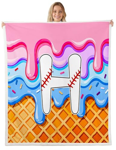 Loussiesd Manta de béisbol con estampado de letra H, forro polar suave, acogedora, acogedora, mullida, cálida, helado, goteo, salpicaduras, manta de felpa mullida, individual de 50 x 60 pulgadas
