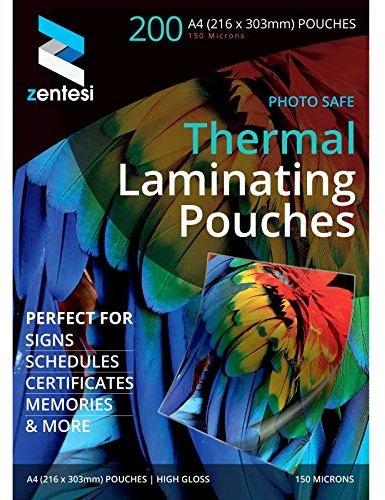 Zentesi A4 Laminating Pouches High Gloss Laminator Sleeves 150 Micron (75 + 75 Microns) Glossy Laminate Pouch Sheets - Pack of 200