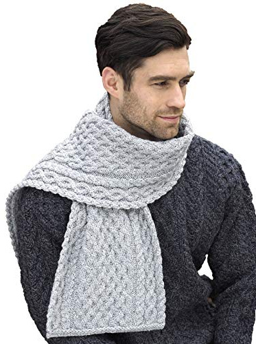 Aran Crafts Bufanda de punto con patrón de enrejado de cable suave irlandés (100% lana merina), Soft Grey, Talla única