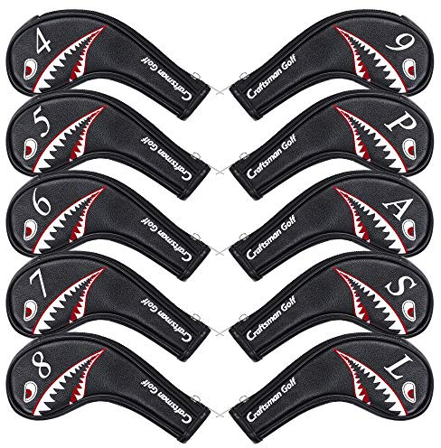Craftsman Golf 10pcs Black Synthetic Leather Shark Golf Iron Head Covers Set Headcover with Number on both Sides For Callaway, Ping, Taylormade, Cobra