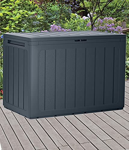 URBNLIVING Anthracite 190L Wood Design Outdoor Storage Box Garden Patio Plastic Chest Lid (Vertical Stripes, Pack of One)