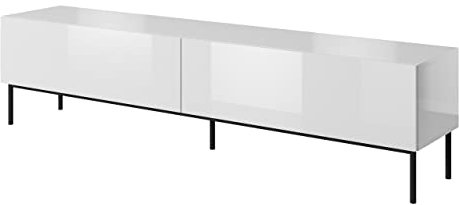 Mirjan24 TV Schrank Slide, Fernsehschrank, TV Lowboard mit Griffloses Öffnen, Fernsehtisch, Unterschrank, TV Tisch, TV Board, Schrank, TV Bank (Weiß/Weiß Hochglanz, Füße: Schwarz, Modell 200 cm)
