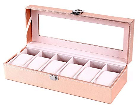 Mengmen Estuche especial para mujeres, niñas, amigas, relojes de pulsera, caja de almacenamiento para coleccionar rosa PU 6 rejillas de , 6 ranuras, rosa, 6 Grids