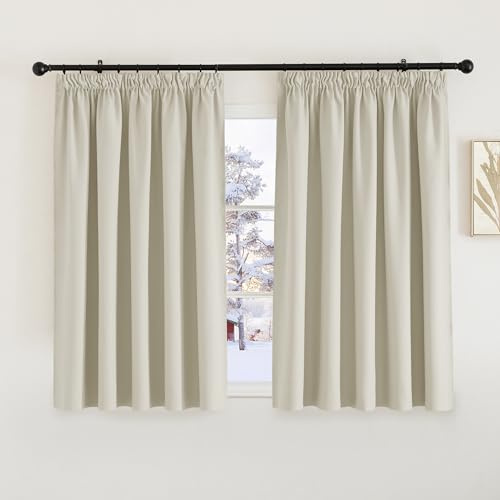 PONY DANCE Blackout Pencil Pleat Curtains, Light Beige, W66 x L54 Inch | Thermal Insulated Curtains with Noise Reducing & Privacy, Luxury Soft Window Treatment for Bedroom & Living Room, 2 Panels