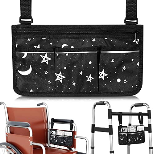Wheelchair Side Bags for The Armrest Wheelchair Arm Bag Carry Bag Arm Rest Pouch with Cup Holder Pattern Reflective Strip Waterproof Electric Wheelchair Bags for Walkers Elderly Seniors Adults