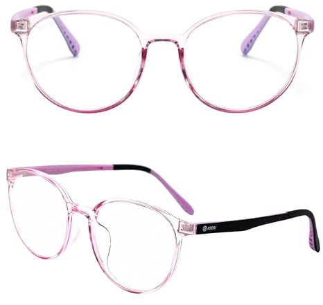 ATOM Occhiali con blocco della luce blu per bambini (età 5-12 anni) | Occhiali con montatura per ragazzi e ragazze, Rosa trasparente - Nero + Viola, 55-15-135