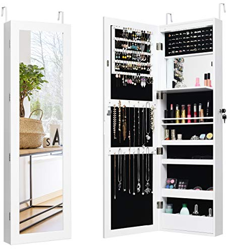 GOPLUS 2 en 1 Armoire à Bijoux avec Miroir, Organisateur de Bijoux Mural avec Lumières LED Automatiques, Armoire de Rangement Cosmétiques Verrouillable pour Chambre, Vestiaire (Blanc)