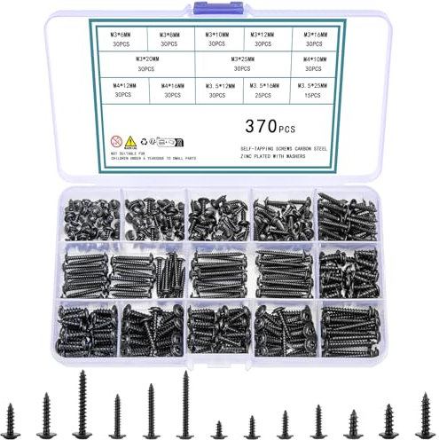QOOSIKICC Juego de 370 Tornillos Autorroscantes de Cabeza Plana Con Cabeza de Disco Para Plástico, Madera, Metal - M3, M3,5, M4, Negro, Acero Al Carbono