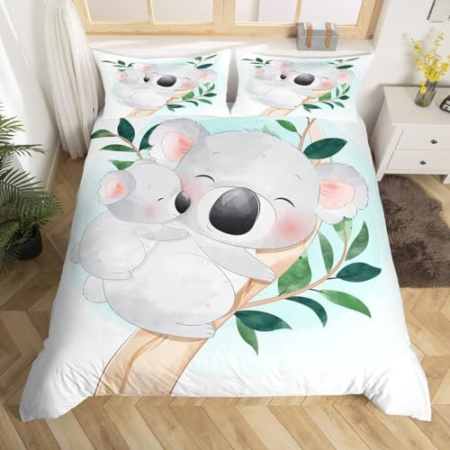 Sezhiqeu Niedlicher Koala Für Kinder Bettwäsche 220x240, 3D Muster Weich Mikrofaser Winter Bettwäsche-Sets Dschungel-Tiere Bettbezug + 2 Kissenbezug 80x80 cm mit Reißverschluss D1277