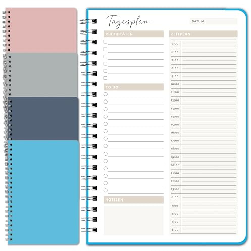 BIROYAL Tagesplaner Undatiert A5 | 4 Stück | 400-Tage To Do Planer für Aufgaben & Notizen | To Do Listen Block | Tages & Wochenplaner Spiralblock HardCover - Perfekt für Büro, Schule & Organizer
