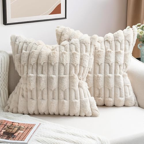 ZWJD Juego de 2 Fundas Cojines Beige 45x45 Fundas de cojín de Felpa de Piel Sintética Suaves Cojines Sofa Mullidos Decoración de Cojines Modernos para Sala de Estar Sofá Dormitorio del Coche
