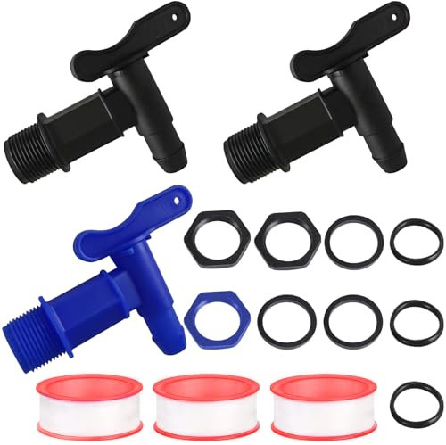 XUSSMM 3 Stück Auslaufhahn für Regentonne, Wasserhahn Schwarz und Blau Mit Dichtung Kontermutter Dichtband, 3/4 Zoll Adapter für Wassertank