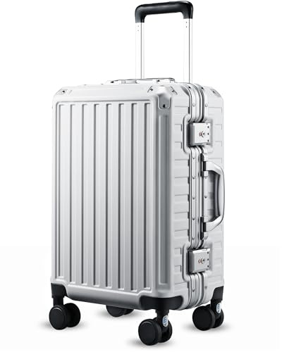 Carry On Luggage with Spinner Wheels, 8010S Aluminum Frame Zipperless Polycarbonate Hard Shell Suitcase (ZX-Core, Silver, 20 Inch)