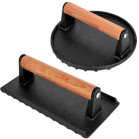 Whaleme Blackstone Burger Press Set - 7 Round Smash Burger Press & 8x4 Rectangle Cast Iron Grill Press with Wooden Handle - Smasher is Perfect for Blackstone Griddle, Pitboss Weber Griddle Grills