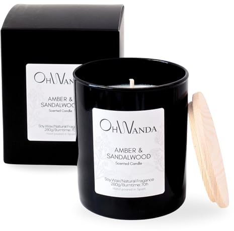 OHWANDA Vela Aromática Grande Ámbar Sándalo, Fragancia Larga Duración 70h, Cera Soja Natural Vegana 280g para tu Hogar sin Tóxicos, Aromaterapia Perfumada Relajante, Regalo hombre, Hecha en España
