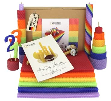 Wachsmann Kit créatif Rainbow, cire d’abeille 100% allemande – 18 plaques colorées (20 × 15 cm) avec mèches en chanvre – Kit DIY pour enfants & adultes, bougies en cire d’abeille