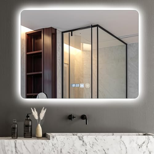 Viugreum Espejo Baño con Luz LED Regulable en 3 Colores, Cuadrado 80 * 60cm Luz de Baño Espejos LED Retroiluminado con Interruptor Táctil, Función Antivaho, Ajuste de Brillo, Espejo de Pared