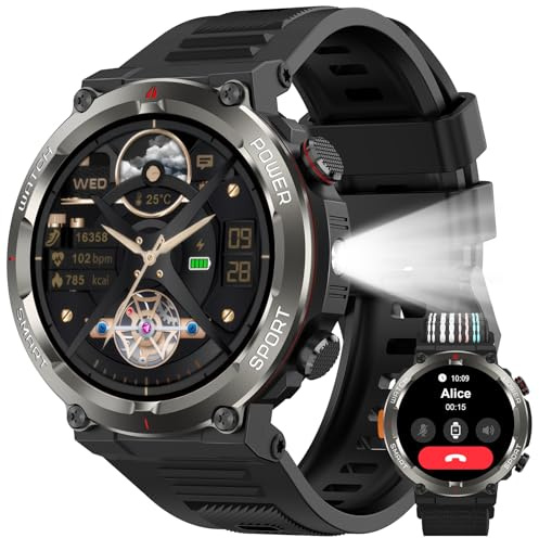 Yxtel Smartwatch Uomo Sportivo con Chiamate Bluetooth, Bussola & Torcia LED, 120+ Modalità Sportive, Cardiofrequenzimetro, Monitoraggio Sonno, IP68 Impermeabile, 30 Giorni di Batteria, per Android iOS