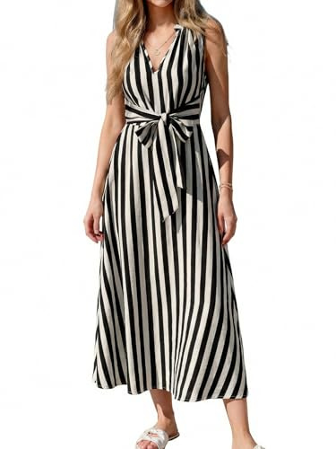 CUPSHE Vestido largo de verano para mujer, sin mangas, a rayas, cuello en V, cintura alta, línea A, vestido largo para vacaciones, ocio