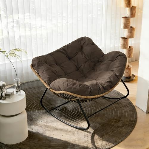 TWSOUL Mecedora para jardín, salón, relax, sillón de ratán, silla mecedora con acolchado, soporta hasta 150 kg, para jardín, dormitorio, salón, balcón (marrón)