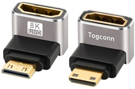 8K Mini HDMI till HDMI vinkelkontakt adapter 2 stycken, (90 och 270) grader mini HDMI-kontakt till HDMI-uttag vinkeladapter koppling kontakt stöder 8K@60 Hz, 4K@120 Hz för bärbar dator, TV, bildskärm