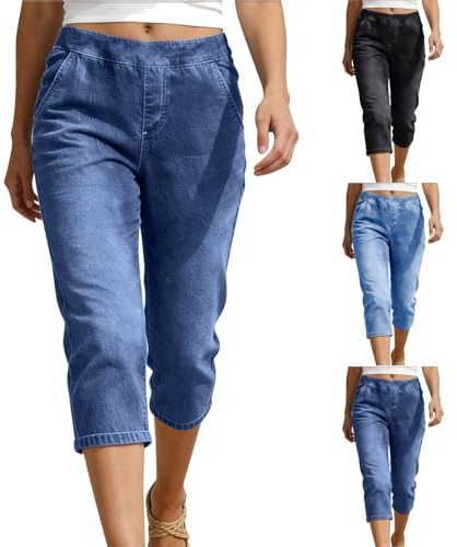 Pantalones Capri de Mezclilla para Mujer Cintura elástica 3/4 Pantalones Cortos Tiro Medio Pantalones Vaqueros Cortos 3/4 Capri Verano Casual Jeans Shorts para Viajes, Vacaciones, Trabajo, Oficina