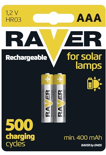 Raver by EMOS - Pilas solares AAA Micro Recargables para lámparas solares - NiMH - 1,2 V HR03, 400 mAh - Temperatura de Funcionamiento de -20 °C a +50 °C - mín. 500 ciclos de Carga - 2 Unidades