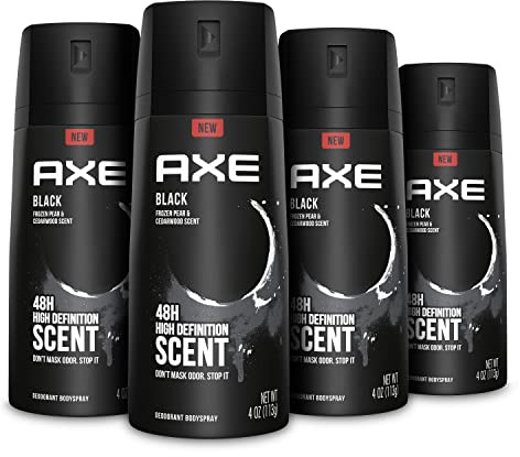 AXE Black Mens Body Spray Deodorant 48hr Odor Protection Frozen Pear & Cedarwood Aluminum Free Deodorant Body Spray, 4 Ounce (Pack of 4)