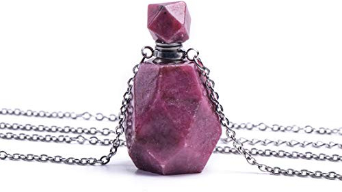 NUZUJX Women Long Necklace Natural Crystal Gemstone Aroma Essential Oil Diffuser Perfume Bottle Necklace Pendant for Women Irregular Unpolished Jewelry (Rhodonite)