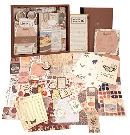 MoonSing Set di Accessori per Scrapbooking, 345 Pezzi Adesivi Estetici Bullet Journal con A6 Griglia Notebook, Vintage Scrapbook Stickers Kit Carta Decorativa per Diario, Taccuino, Album