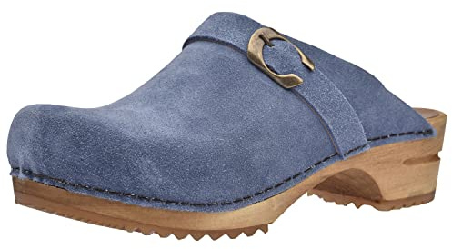 Sanita Hedi offener Clog, Wildleder | Original handgemacht | Leder-Holzclogs für Damen | Nachhaltige Sohle | Taube blau | 40 EU