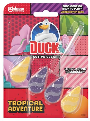 Duck Active Clean Toilet Rim Block, Foaming Toilet Bowl Cleaner, Long-lasting Fragrance, Tropical Adventure, 38.6g