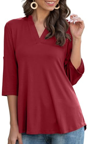 Heersan Maniche a 3/4 Maglietta Donna Cotone Bluse Casual Top Maglia Magliette Scollo V T-Shirt Elegant Camicetta Tunica da Donna