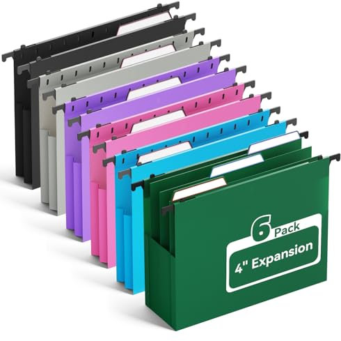 Ansook Plastic Hanging File Folders Letter Size, Expandable 4 Inch File Folders with 1/5-Cut Tabs, Pastel Hanging File Folder Organizer for for Filing Cabinet, Bulky Files & Medical Charts - 6 Pack