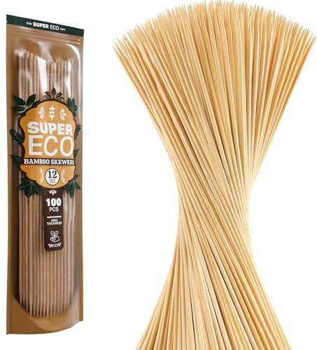 SUPER ECO 100 Pcs Natural Bamboo Skewers, Wooden Skewers for Appetizers, Fruit, Kebabs, Grilling Barbecue, Mini Burger, Sausage, Cocktail, Long Toothpicks, Food Sticks Natural
