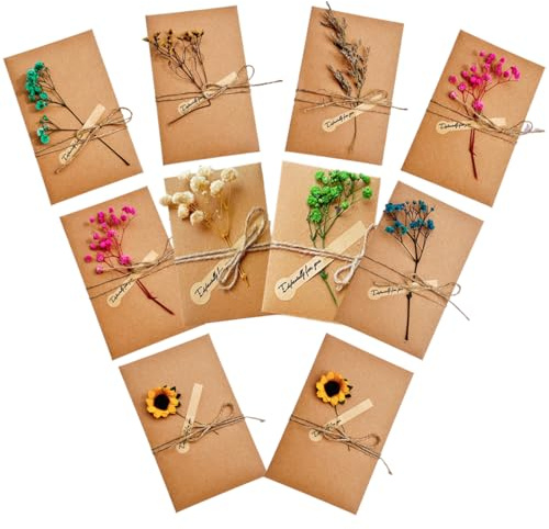 10 Pcs Tarjeta de Felicitación, 17.5 * 11cm Postales Vintage con Flores Secas Decoradas Postales, Tarjeta Kraft Felicitacion Cumpleaños Bebe Regalo Sobres Navidad Boda