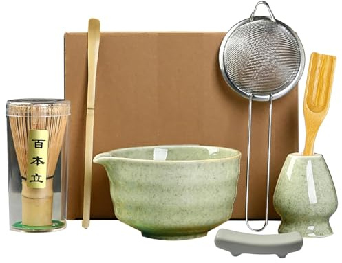 Matcha Tea Set,7 Piece Matcha Besen Set, with Matcha Whisk, Broom,Matcha Schale,Matcha Bowl with Spout,Matcha Besen Halter,Bamboo Spoon,Perfect Matcha Starter Set,Japanisches Tee-Set (B)