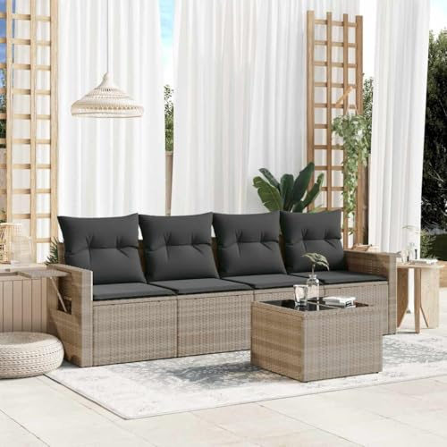 Ensemble de 5 canapés de jardin avec coussins, gris clair, pour terrasse, balcon, extérieur, groupe de sièges confortables, charge maximale : 110 kg