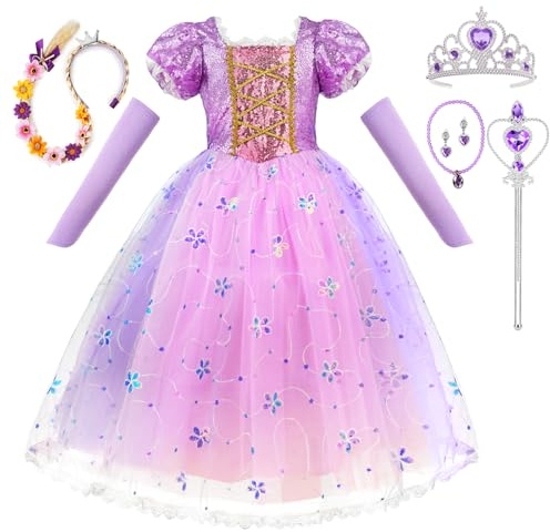 AOOWU Raponsei prinsessa-kostym med glitter för flickor, Raponsei prinsessa-kostym med glitter – lila kostym för barn, födelsedagsfest, Halloween, 120 cm
