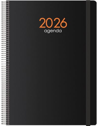 Dohe - Agenda 2026 – Dag sida, A4-storlek (21 x 29 cm), flexibelt lock, spiral och gummistängning, 12 månader januari till december, årlig spansk planerare - svart syncro