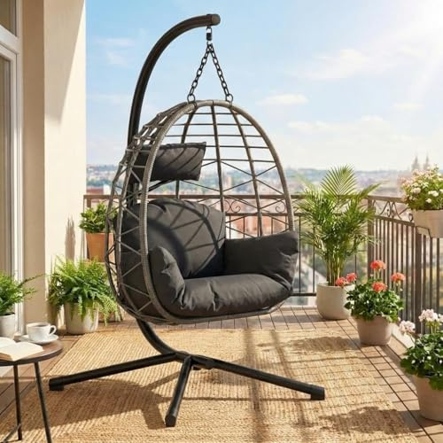 Silla Colgante Plegable Con Soporte, Sillón Colgante Tipo Huevo Con Cojines Impermeables y Reposacabezas Ajustable, Estructura De Acero Resistente Hasta 150 kg, Para Jardín, Balcón, Terraza e Interior