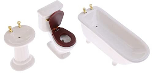 Fenteer 1/12 Puppenhaus Badezimmer Möbel - Mini Badewanne + Waschbecken + Toilette - 3tlg/Set