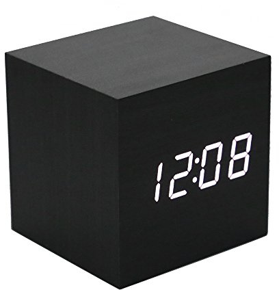 Lancoon Sveglia In Legno - Orologio Digitale Mini Cube A Led Con Display Ora/Data/Temperatura, 3 Livelli Di Luminosità E Controllo Vocale Ideale Per I Viaggi In Ufficio - AC10Black_White